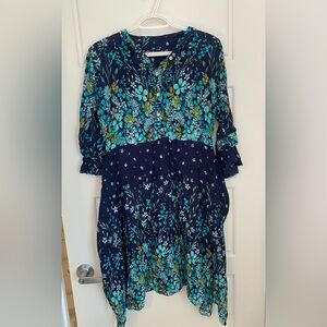 Asymmetrical Floral Shirt Dress in Blue and Green